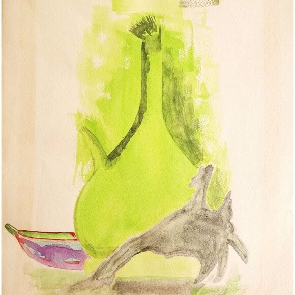 1960s Folk Art Abstract Watercolor Still Life Painting Green Glass Bottle GstRm - Picture 1 of 2